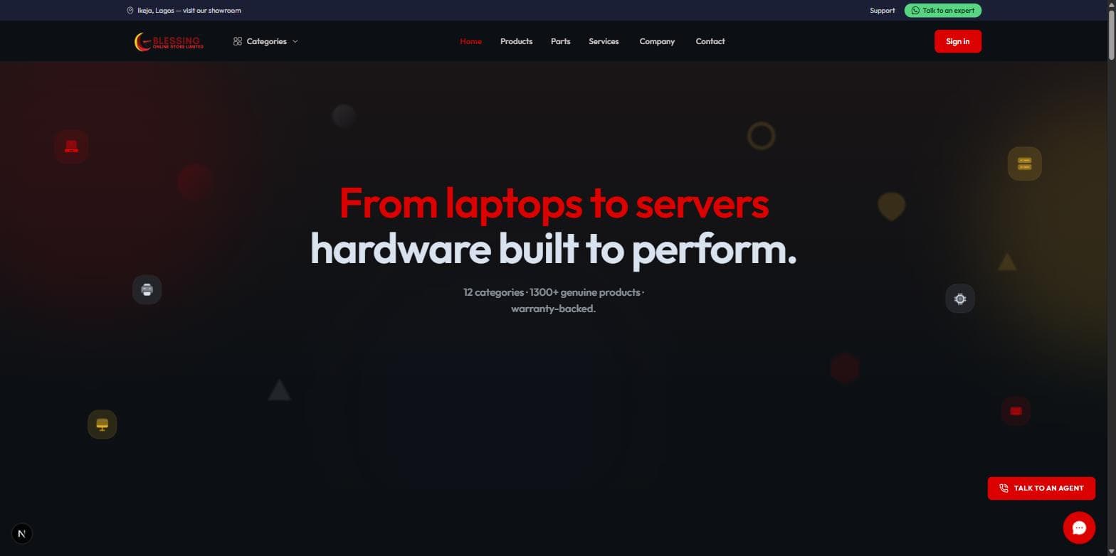 Blessing Computers storefront homepage
