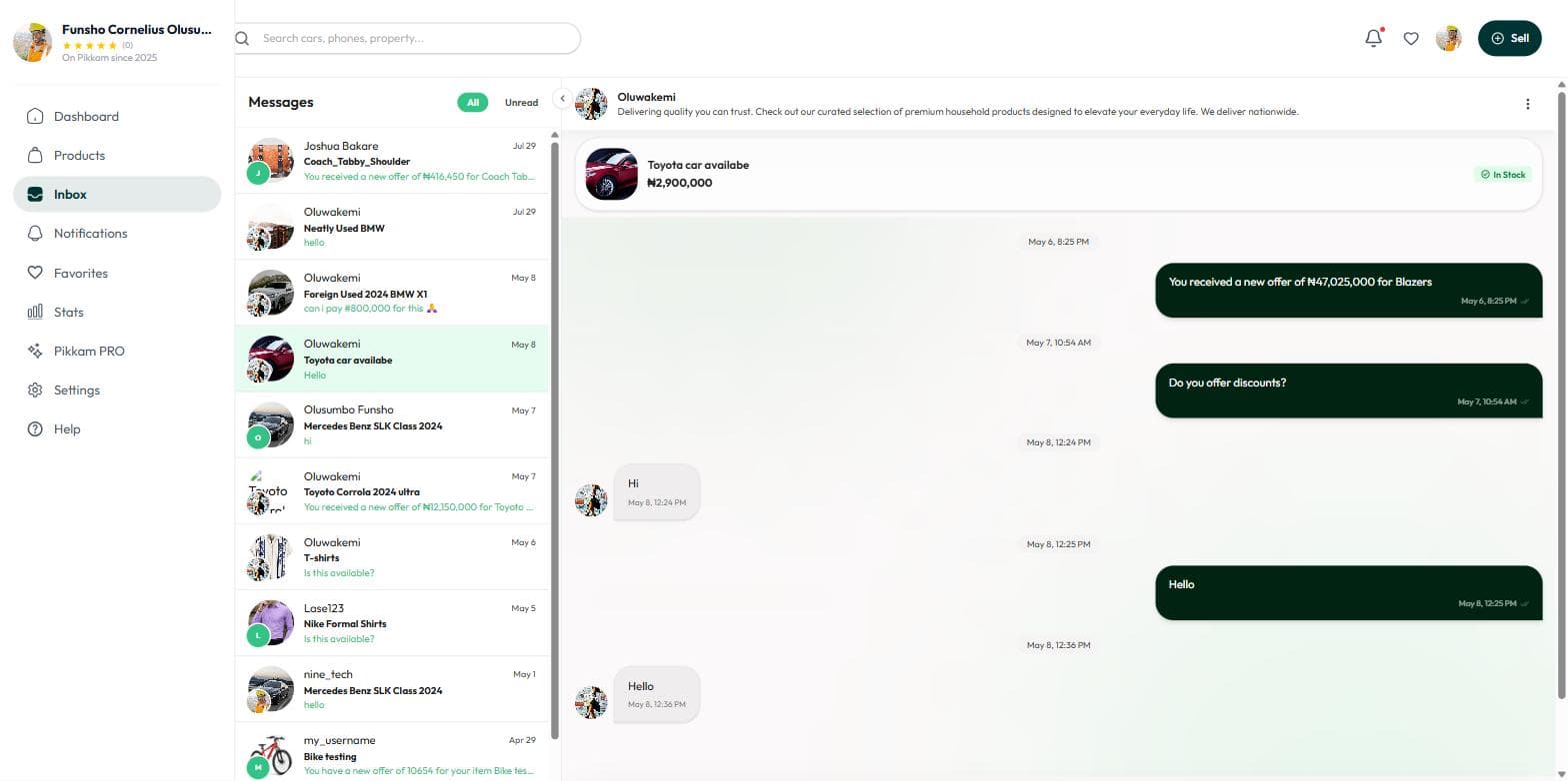 Pikkam buyer–seller chat thread