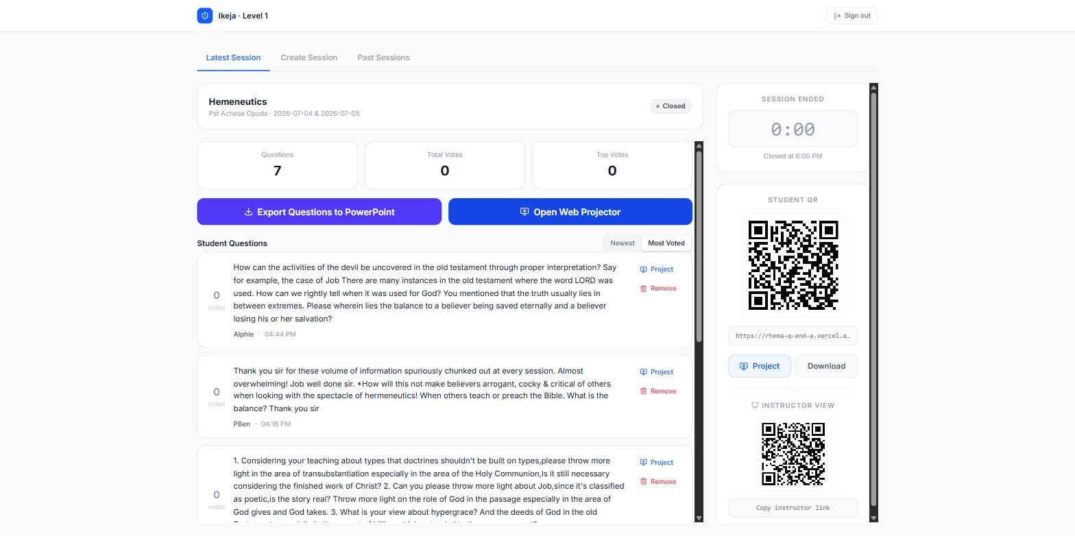 Rhema admin dashboard with session controls and QR codes