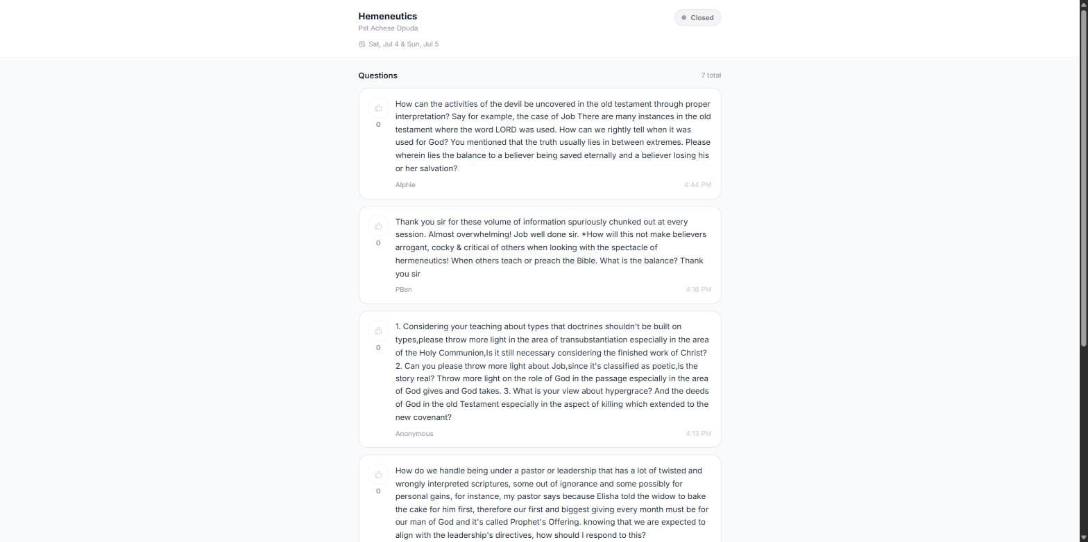 Rhema student view showing the live question feed